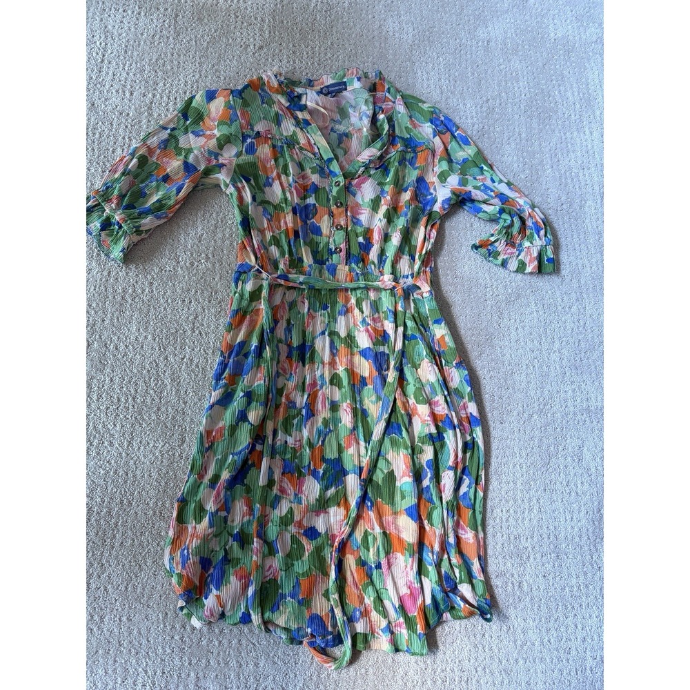 Democracy‎ Petite PM Abstract Multicolor Crinkle Rayon V-Neck Belted Dress